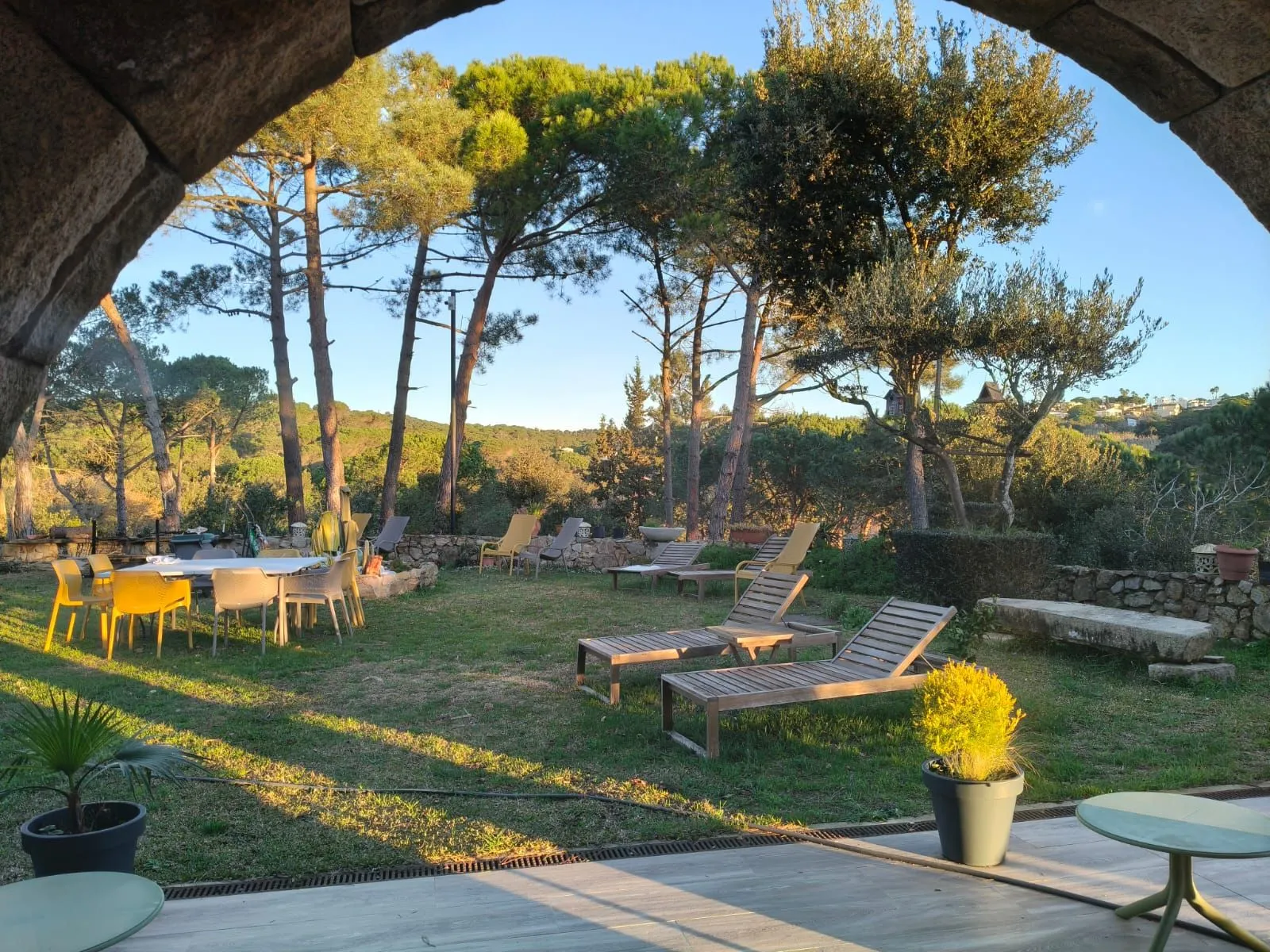 El jardín y los pinos vistos desde la arcada de piedra al atardecer