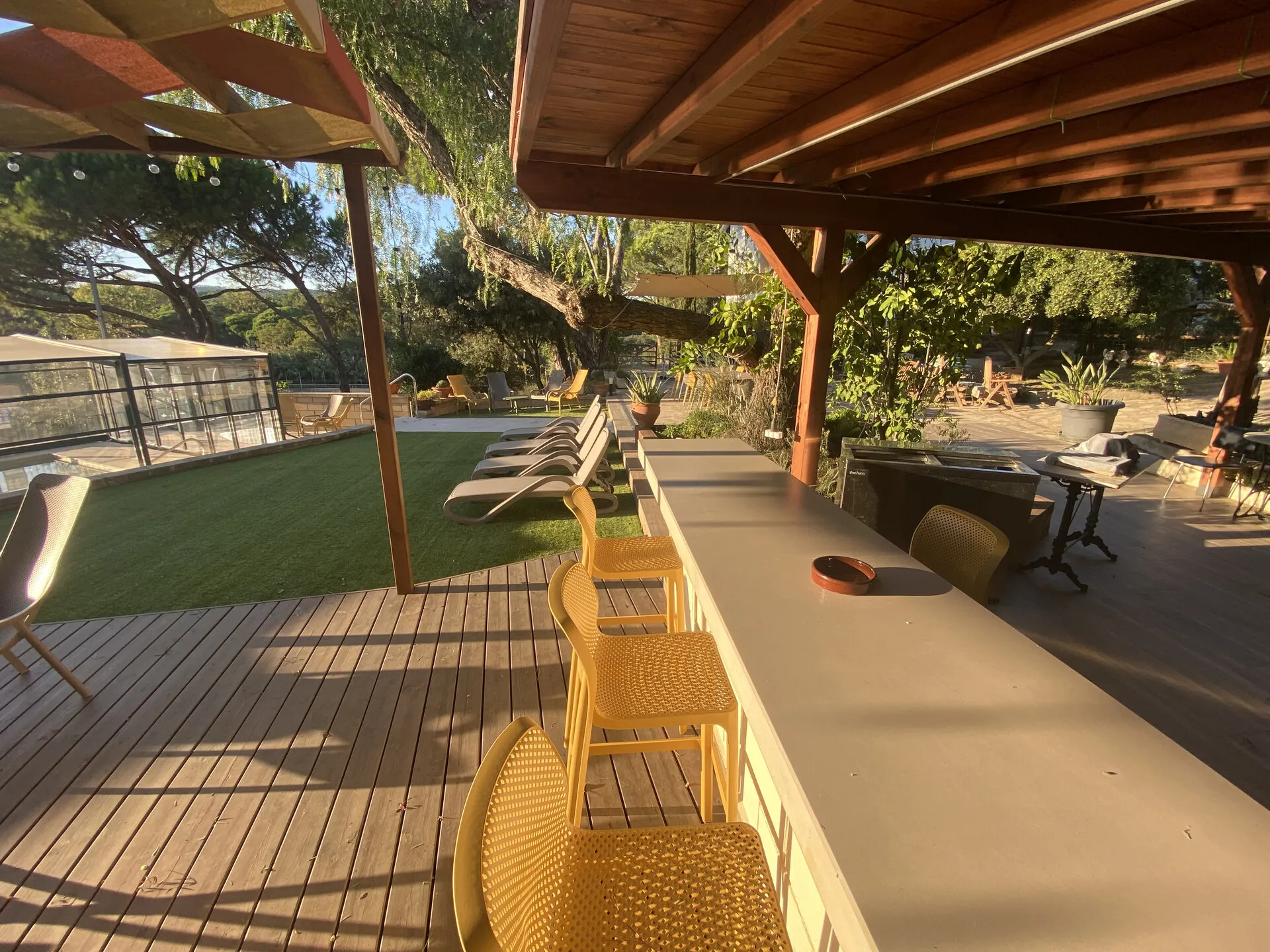 La barra del bar al sol de la tarde, con el césped y las tumbonas