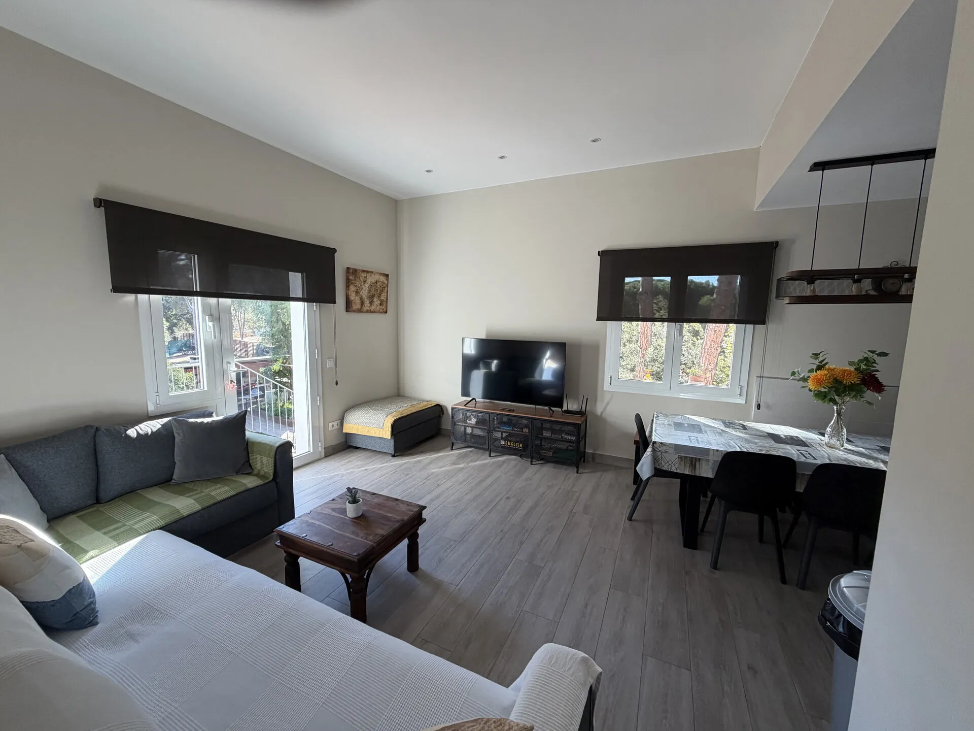 El salón comedor, con el sofá, la televisión y la mesa
